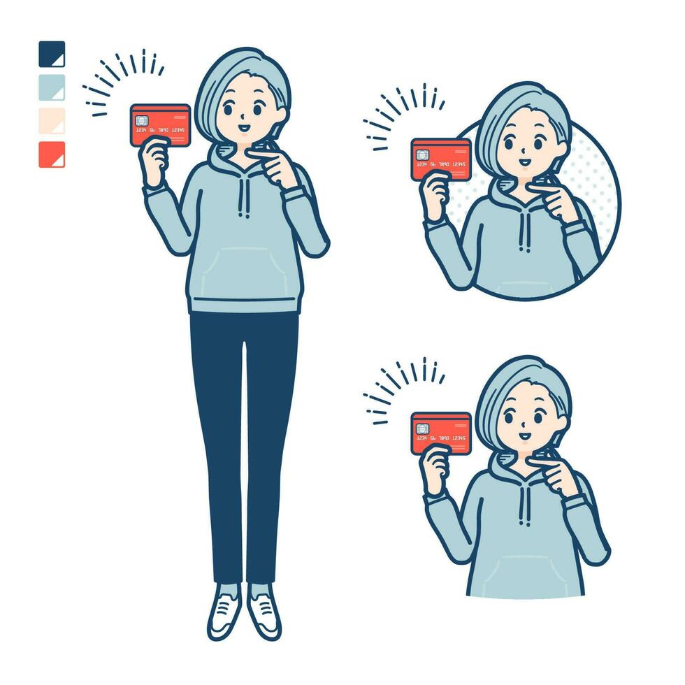 A Young woman in a hoodie with pointing at credit card images vector