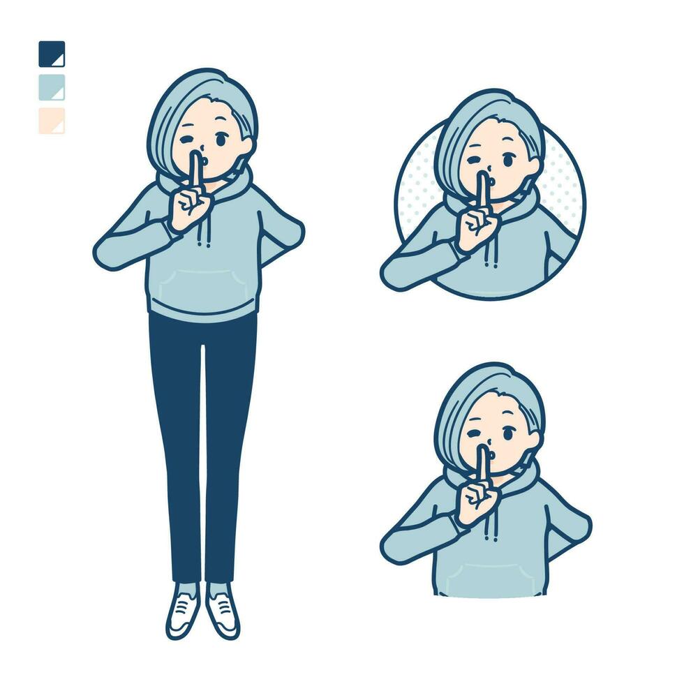 A Young woman in a hoodie with be quiet hand sign images. vector