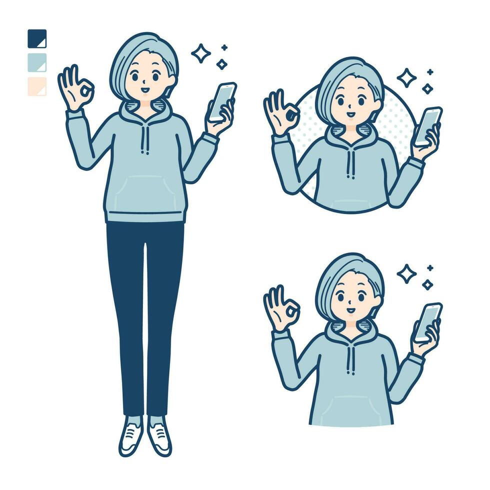 A Young woman in a hoodie with Holding a smartphone and doing an OK sign images vector