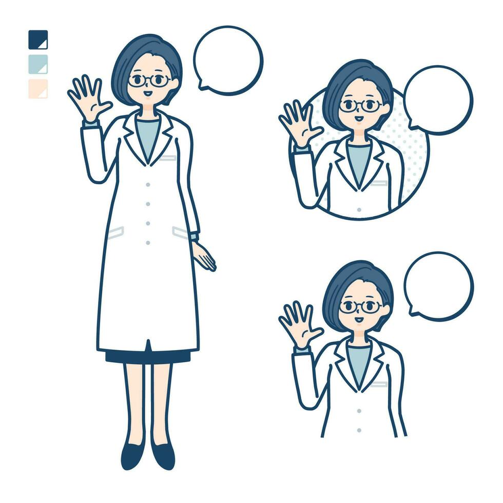 A woman doctor in a lab coat with greeting images vector
