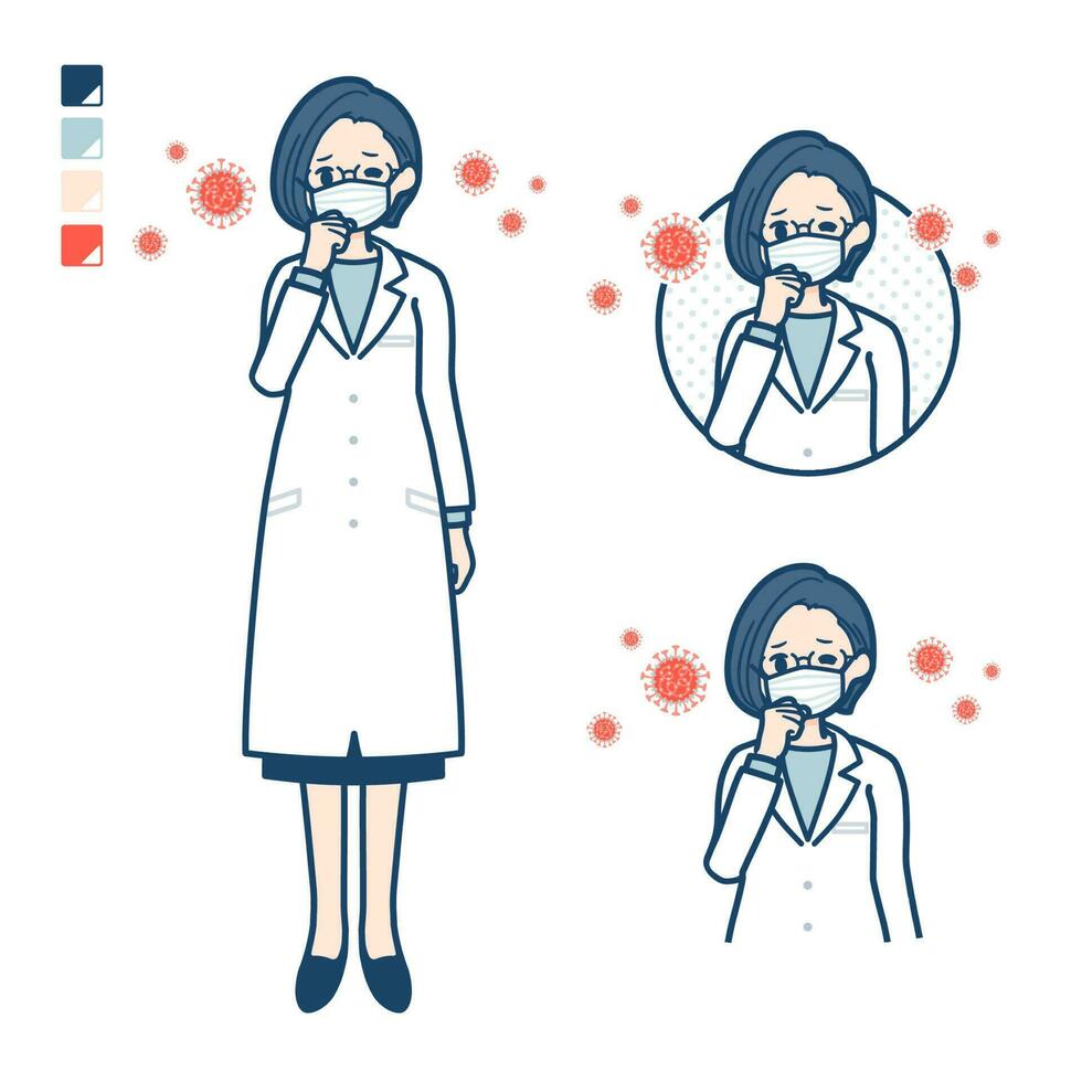 A woman doctor in a lab coat with Put on a mask and cough images vector
