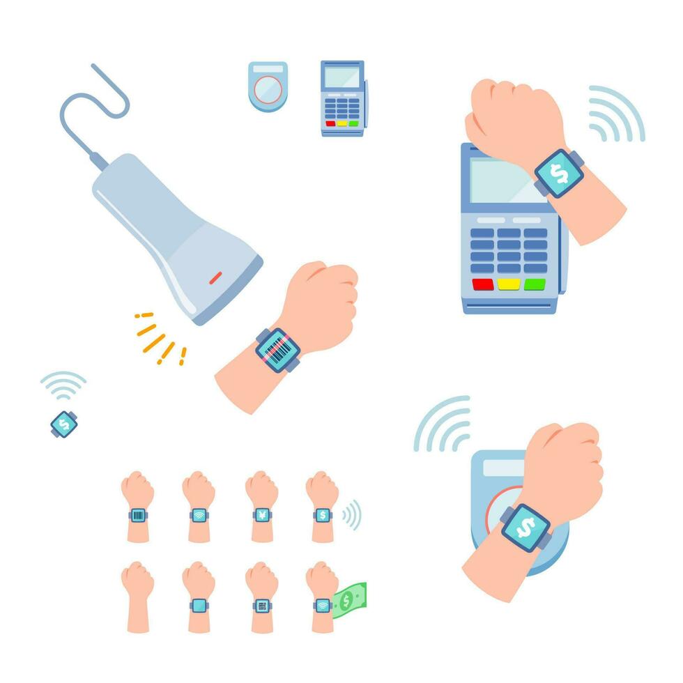 cashless flat various payment smartwatch vector