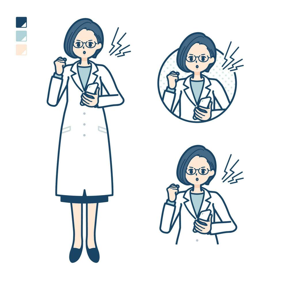 A woman doctor in a lab coat with Holding a smartphone and anger images. vector