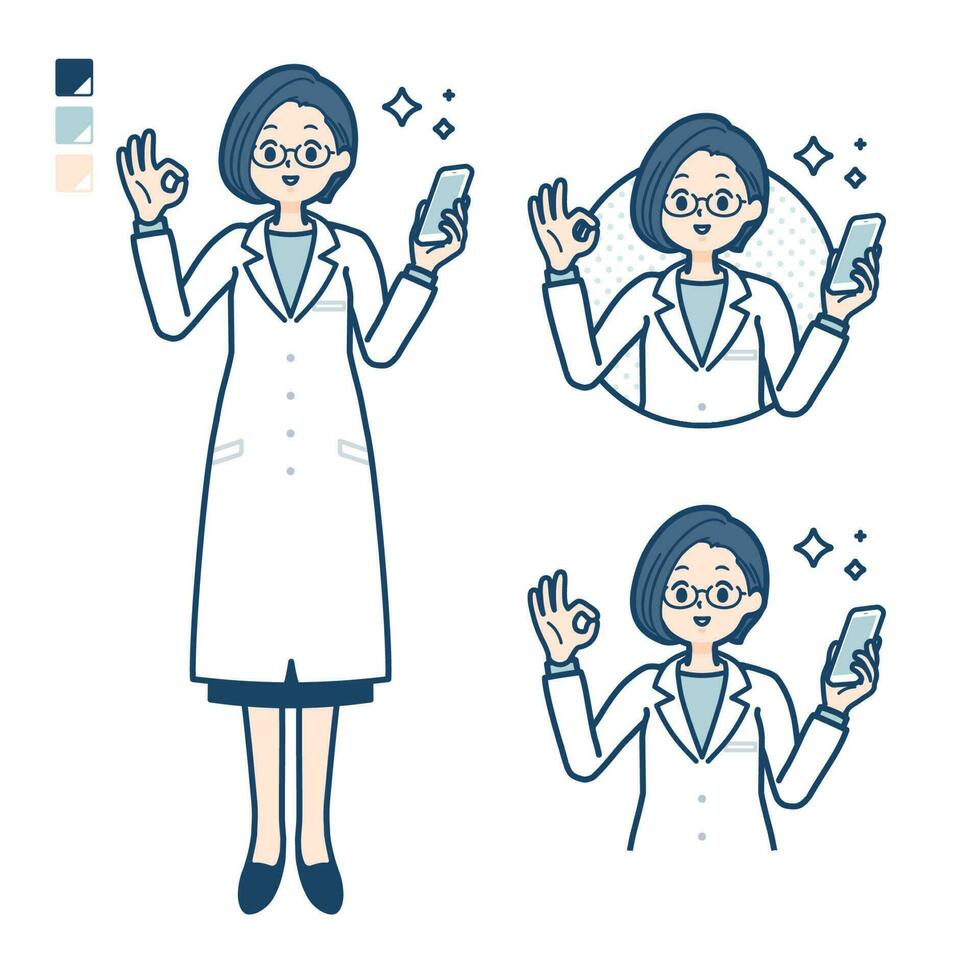 un mujer médico en un laboratorio Saco con participación un teléfono inteligente y haciendo un Okay firmar imágenes vector