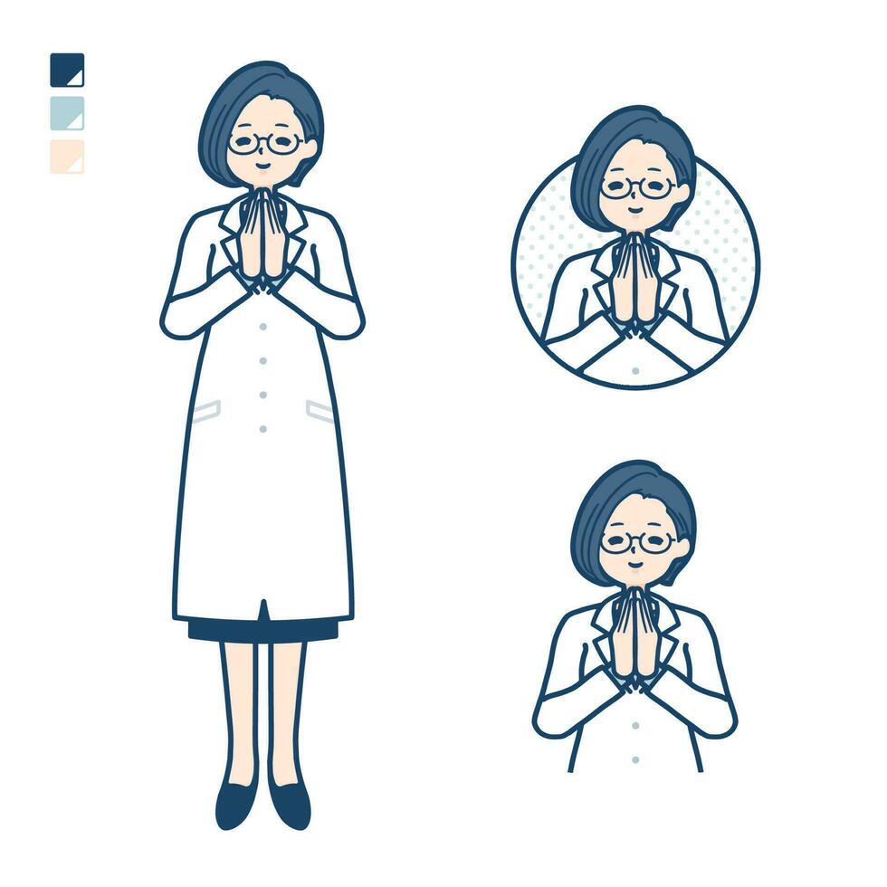 un mujer médico en un laboratorio Saco con prensa manos en oración imágenes vector