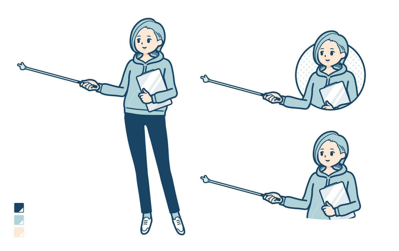 A Young woman in a hoodie with Explanation with a pointing stick images vector