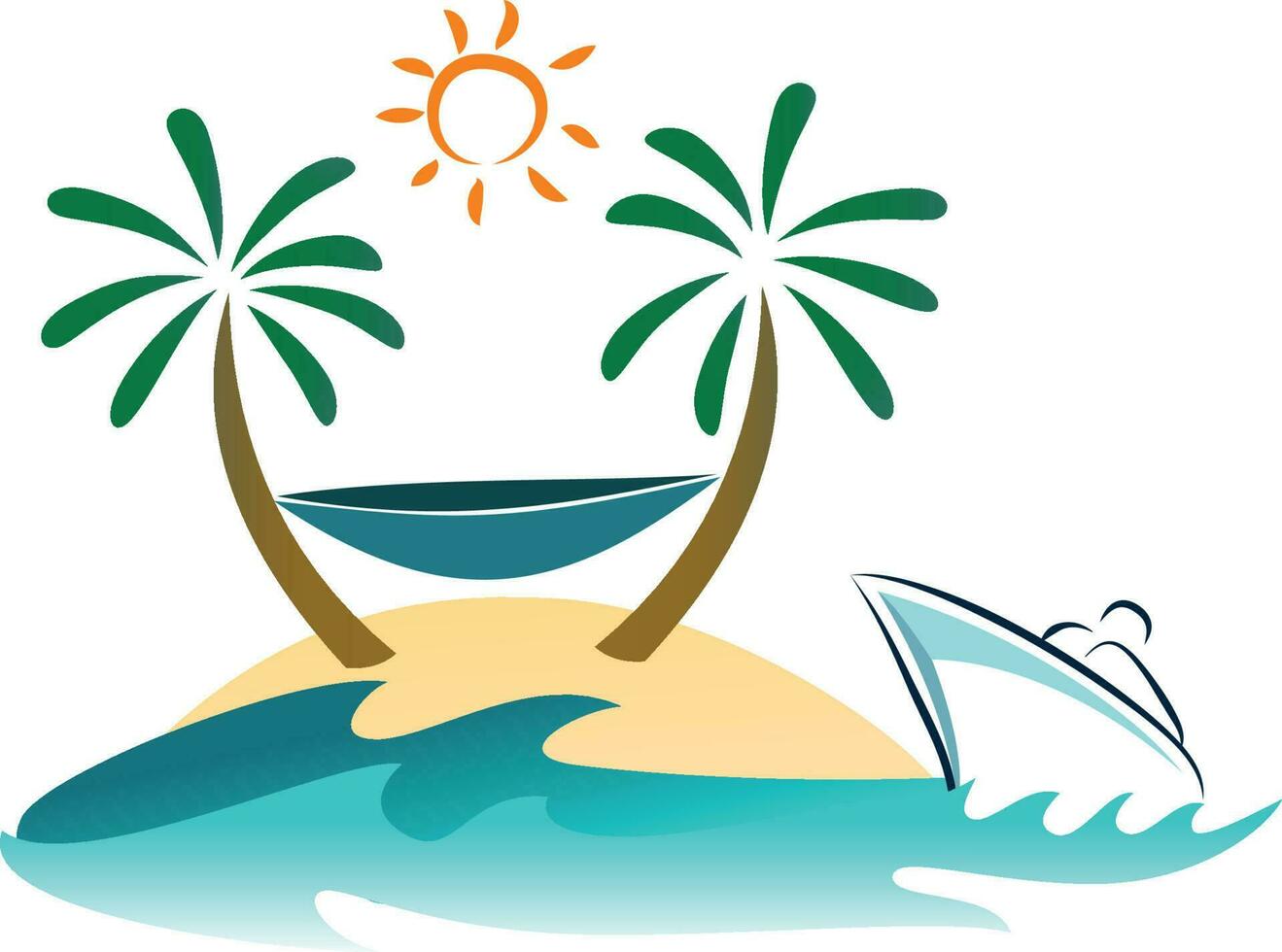 Topical island palm tree beach cruise boat hammock and sunset scene logo concept vector illustration