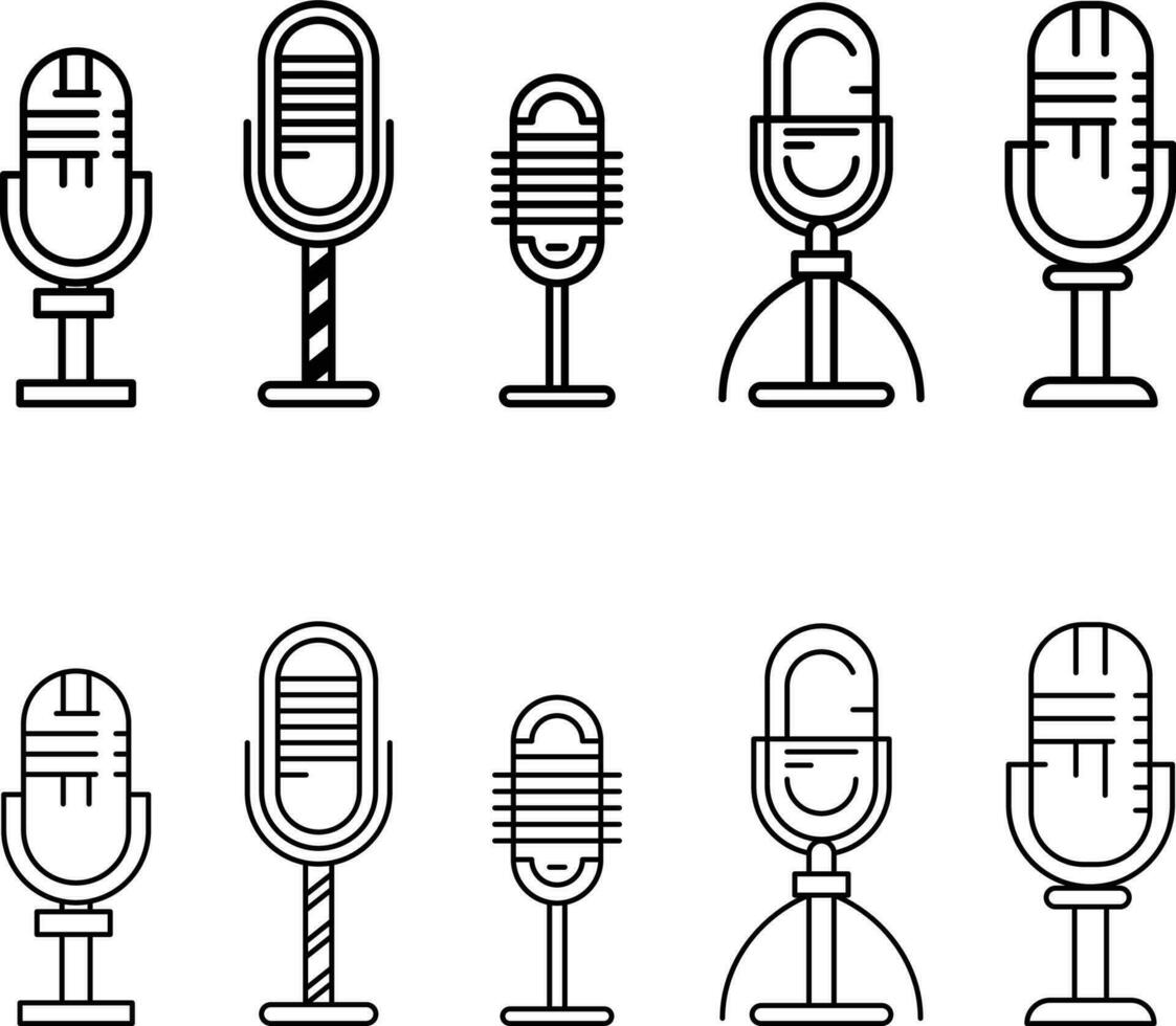 conjunto de diferente tipos de micrófonos línea dibujo vector imagen