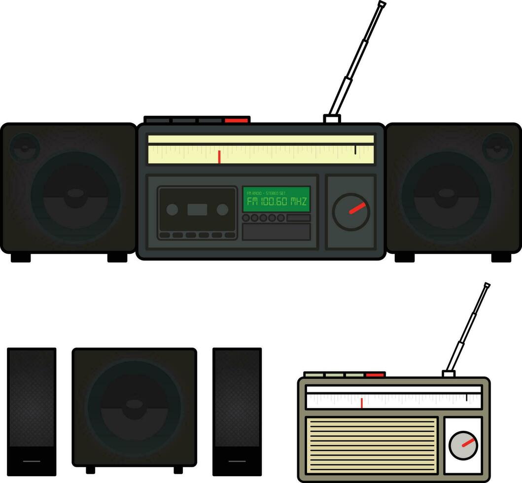 conjunto de Clásico radio y subwoofers vector ilustraciones