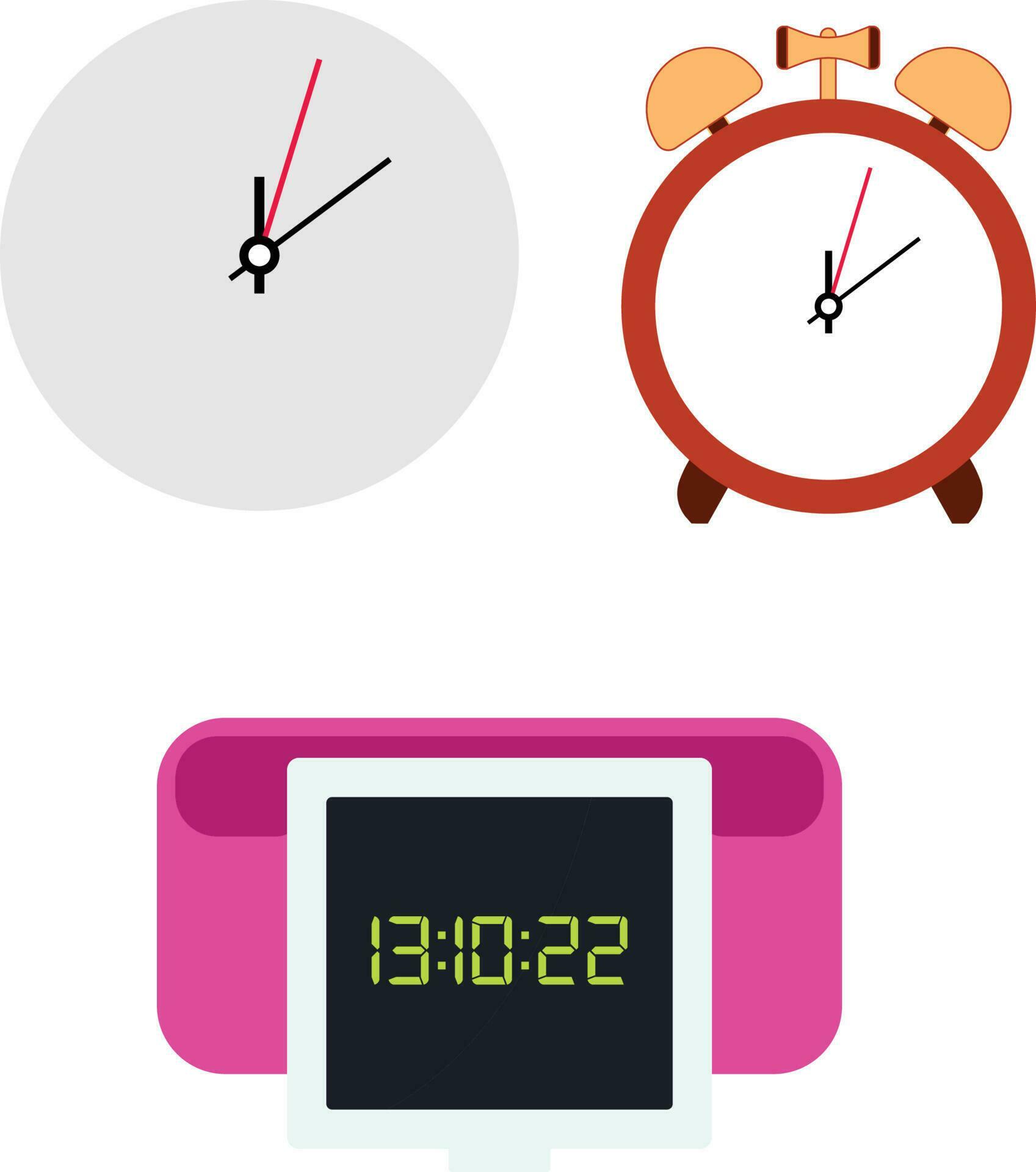 Set of different types of clocks which are analog,digital and alarm
