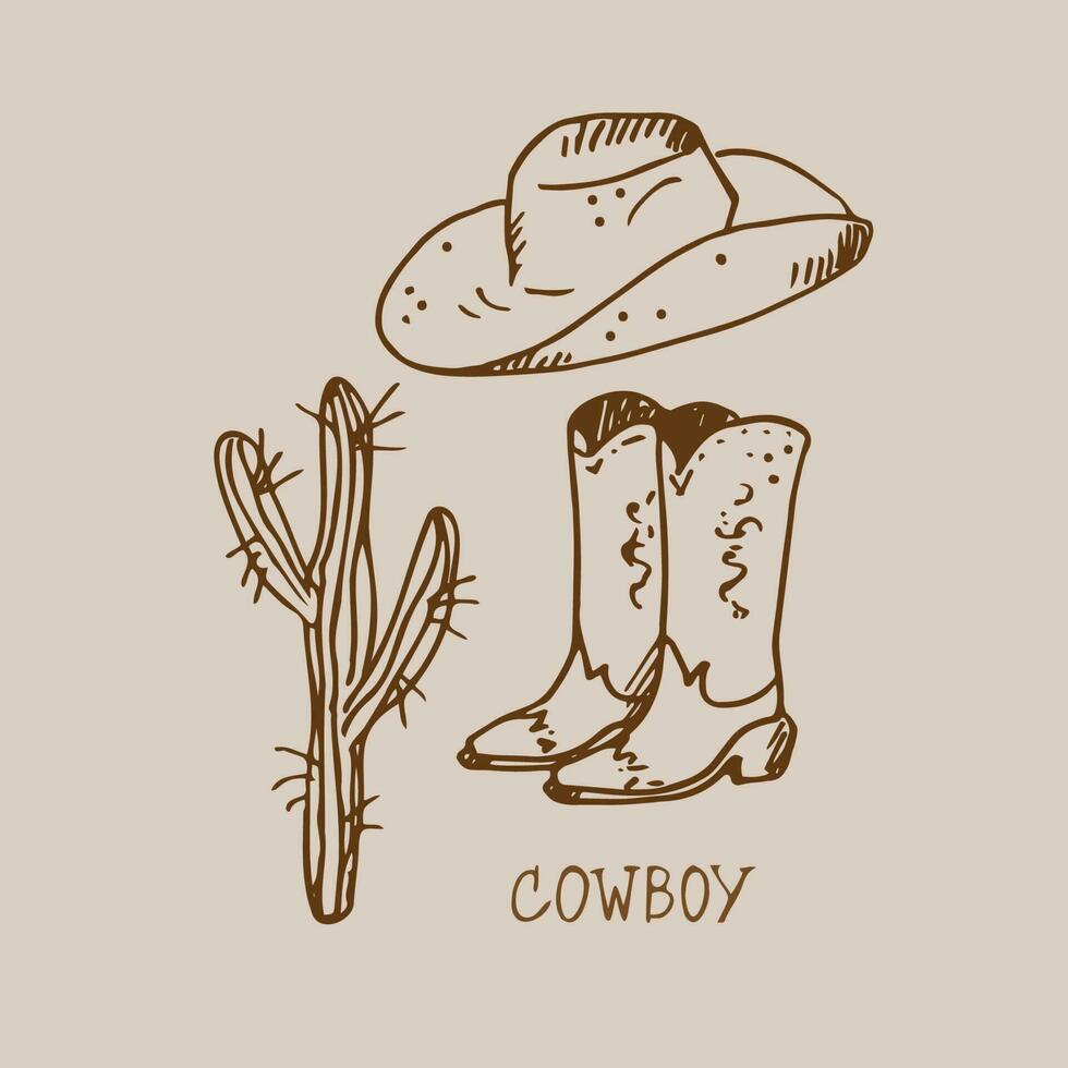 Wild West concept. Various objects. Cowboy theme, western. Boots, cactus, hat, handwritten word Western. Shepherd life.Hand drawn. Design element.Vector art illustration. vector