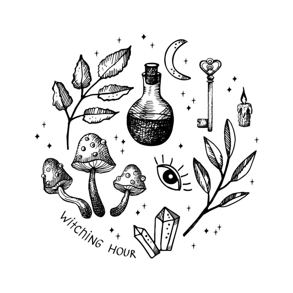 Witching Magical doodle witch illustration symbol set. Magic and witchcraft, witch esoteric alchemy boho style elements. Hand drawn. Vector art illustration. Isolated white background