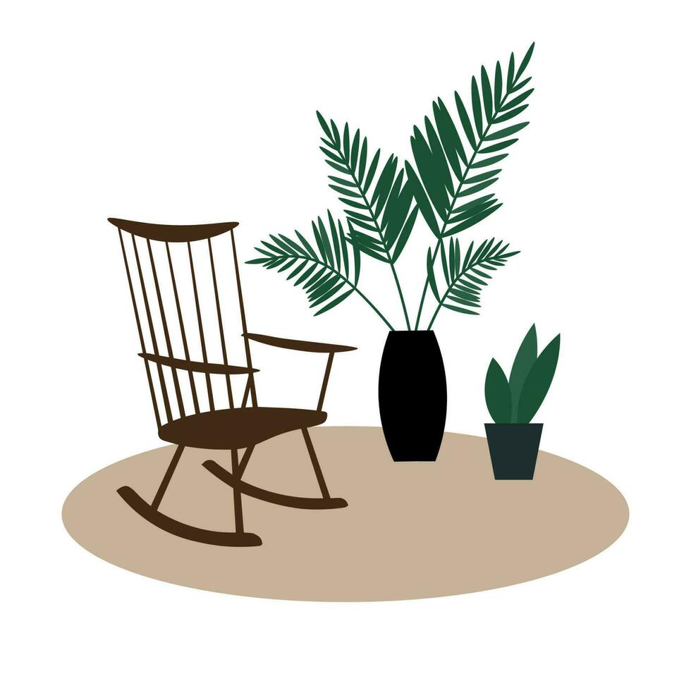 Rocking chairs Nakashima and houseplant palm room interior with carpet Interior without people overlooking. Modern cozy home decor. Flat vector illustration