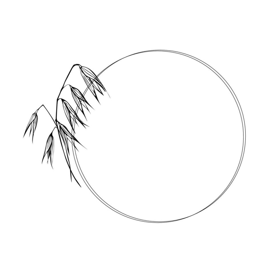 Oats frame wreath of ears. Cereal harvest, agriculture, organic farming  healthy food symbol. Ears of oats are hand drawn. Design element for logo, print, packaging. Isolated white background. Vector