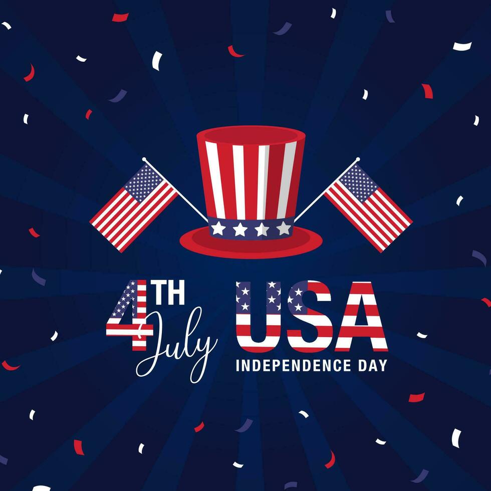 Vector flat 4th of July illustration with hat and confetti
