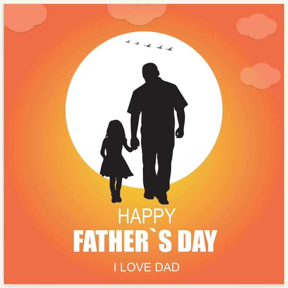 Happy Father's Day and a silhouette of father and children in the background with sun and sky. vector