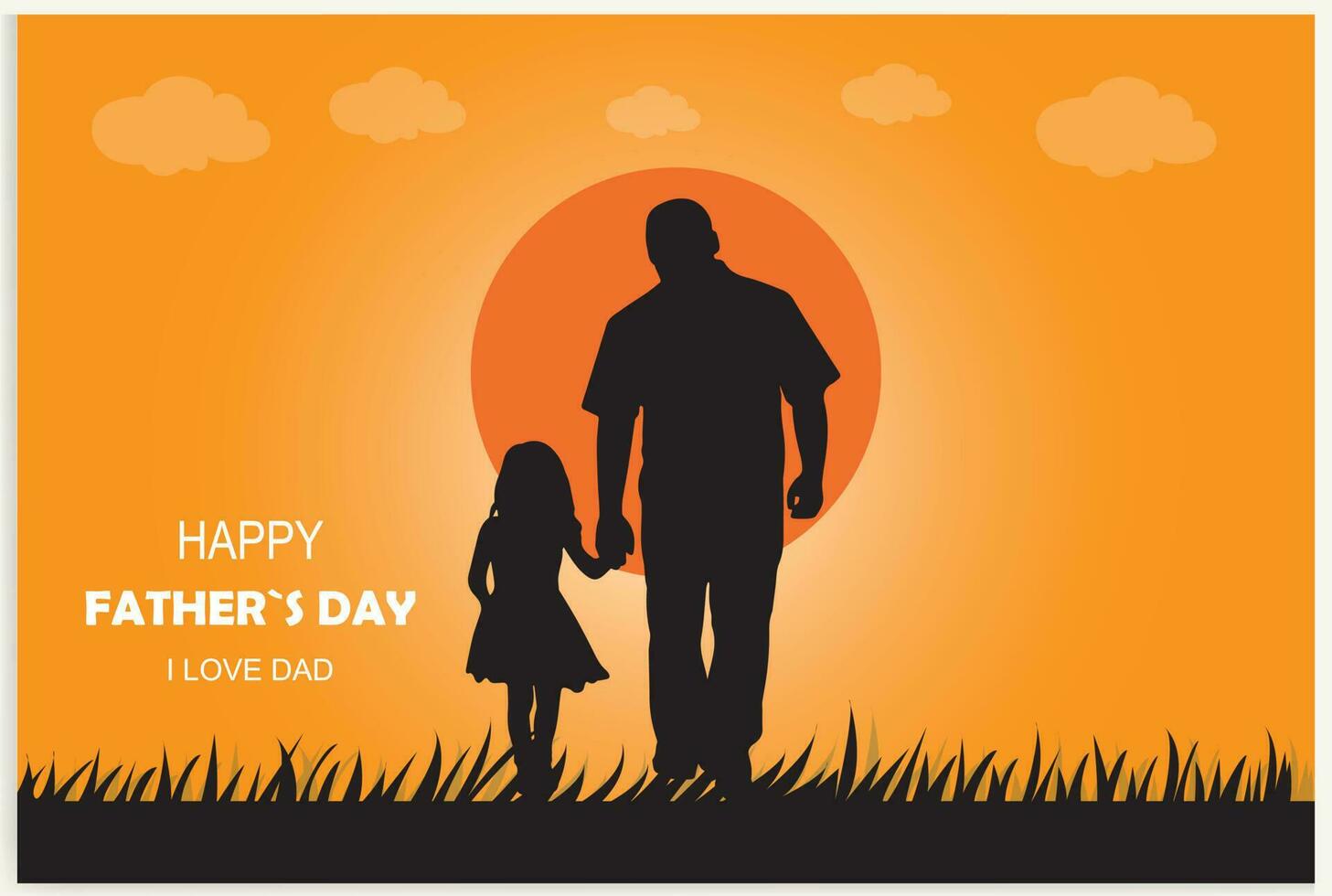 Happy Father's Day and a silhouette of father and children in the background with sun and sky. vector