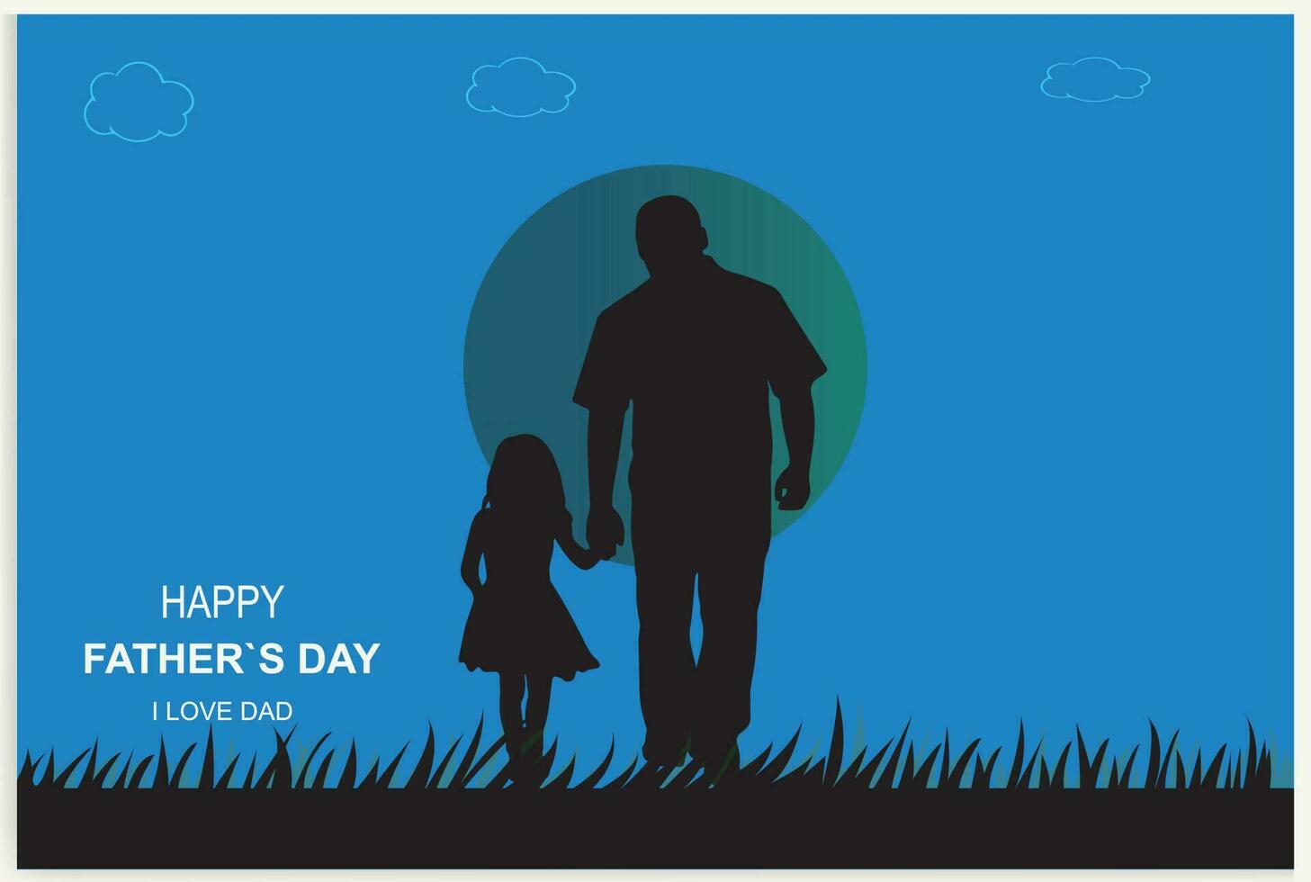 Happy Father's Day and a silhouette of father and children in the background with sun and sky. vector