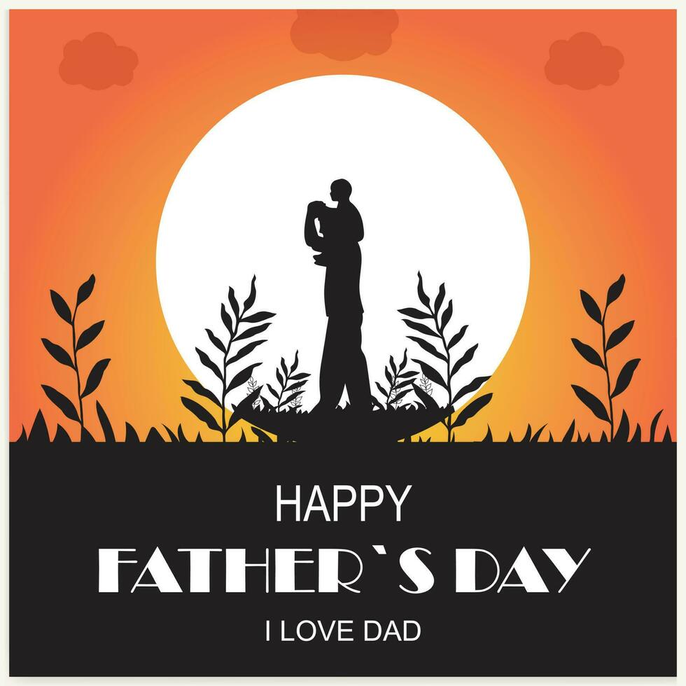 Happy Father's Day and a silhouette of father and children in the background with sun and sky. vector