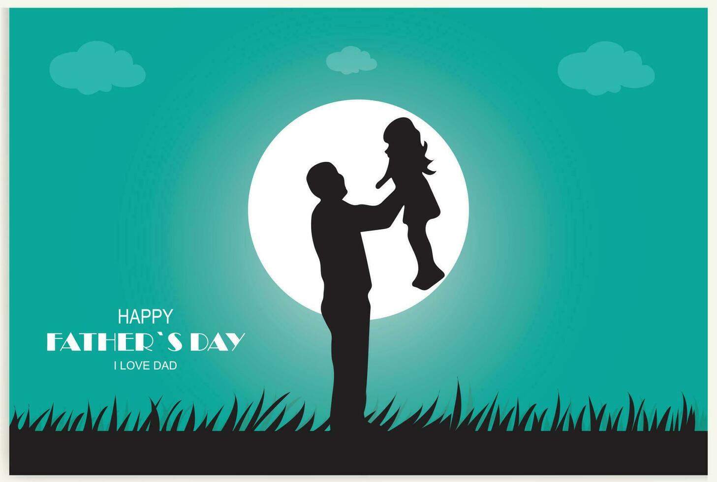 Happy Father's Day and a silhouette of father and children in the background with sun and sky. vector