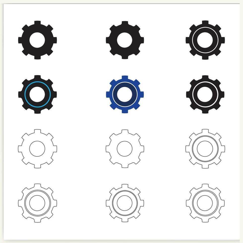 Gear setting vector icon set. Isolated black gears mechanism and cog wheel on white background. Cogwheel icons