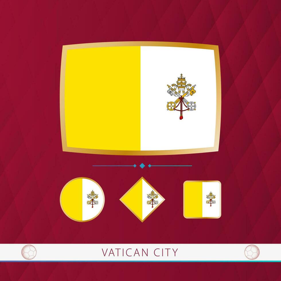 Set of Vatican City flags with gold frame for use at sporting events on a burgundy abstract background. vector