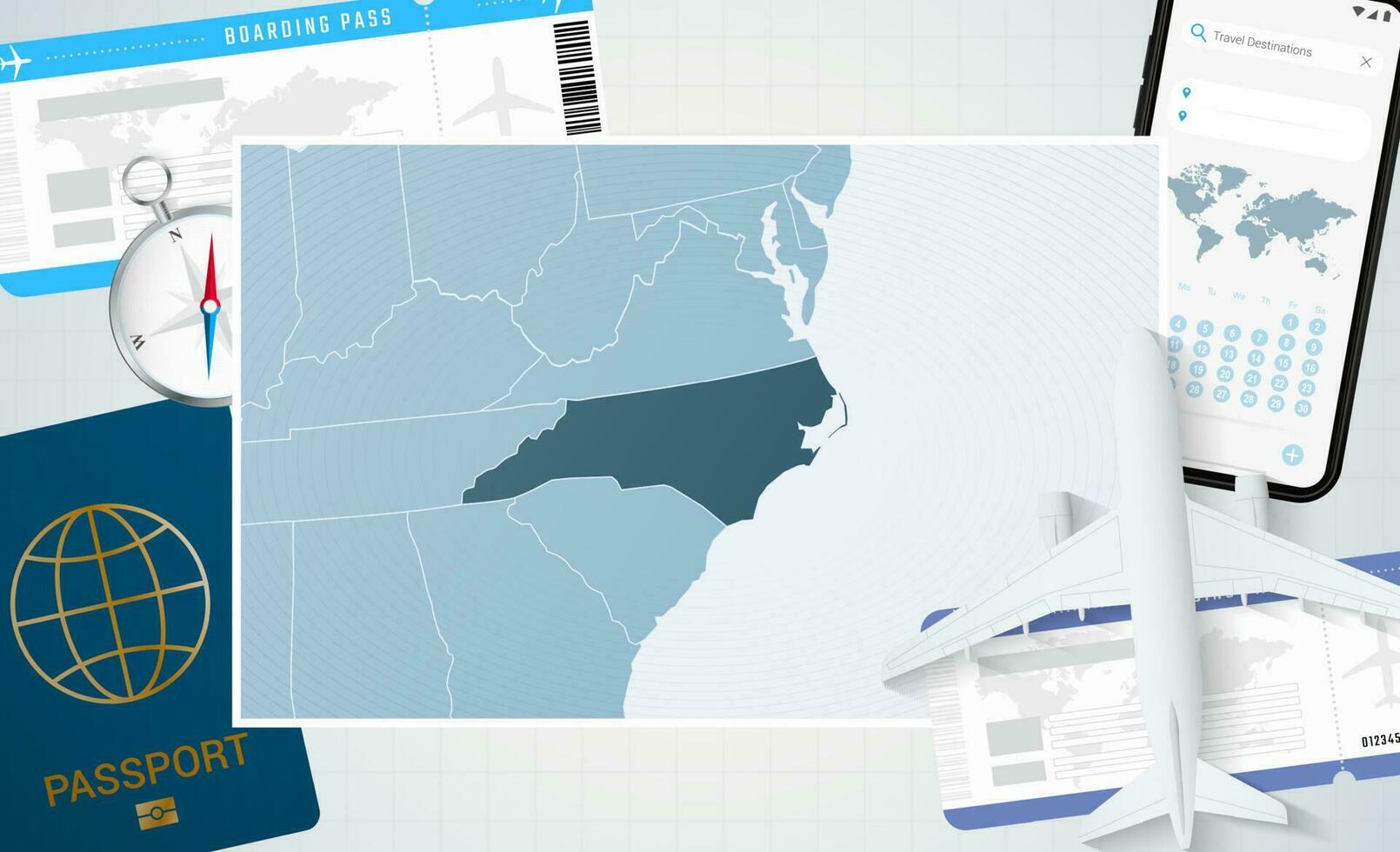 viaje a norte carolina, ilustración con un mapa de norte carolina antecedentes con avión, célula teléfono, pasaporte, Brújula y Entradas. vector