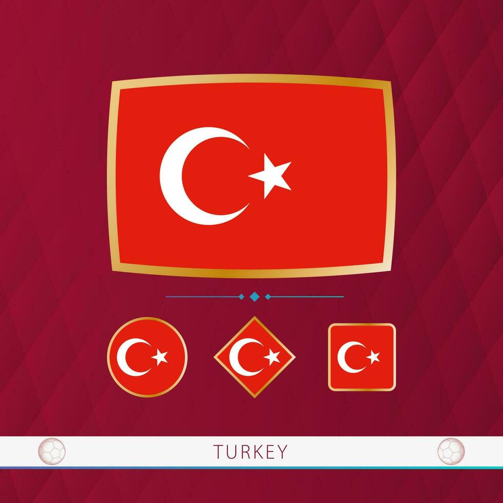 Set of Turkey flags with gold frame for use at sporting events on a burgundy abstract background. vector