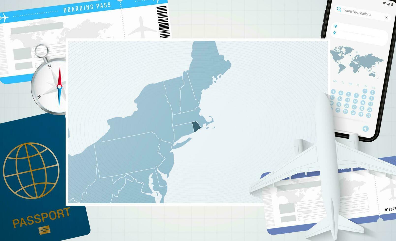 viaje a Rhode isla, ilustración con un mapa de Rhode isla. antecedentes con avión, célula teléfono, pasaporte, Brújula y Entradas. vector