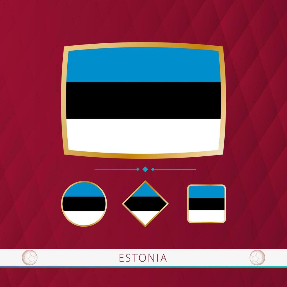 Set of Estonia flags with gold frame for use at sporting events on a burgundy abstract background. vector