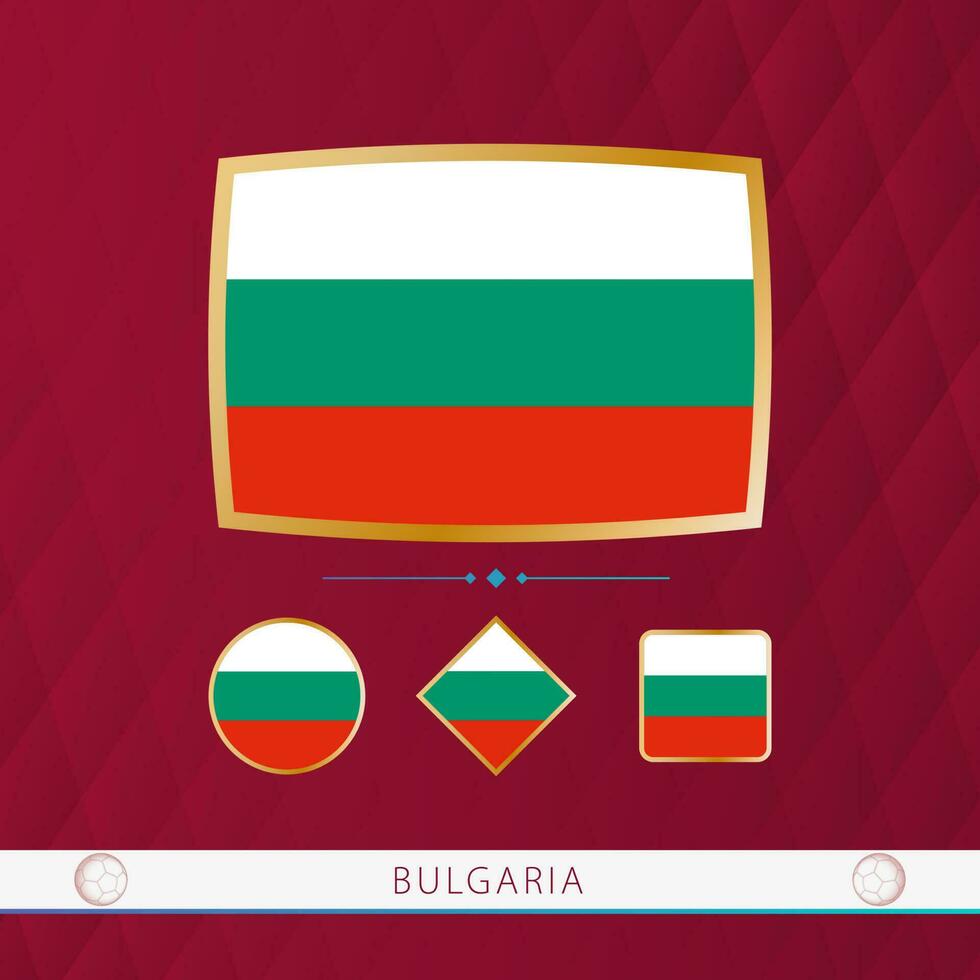 Set of Bulgaria flags with gold frame for use at sporting events on a burgundy abstract background. vector