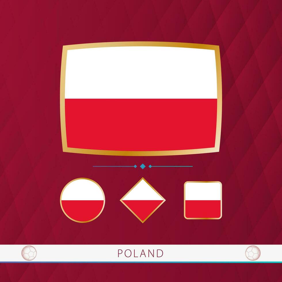 Set of Poland flags with gold frame for use at sporting events on a burgundy abstract background. vector