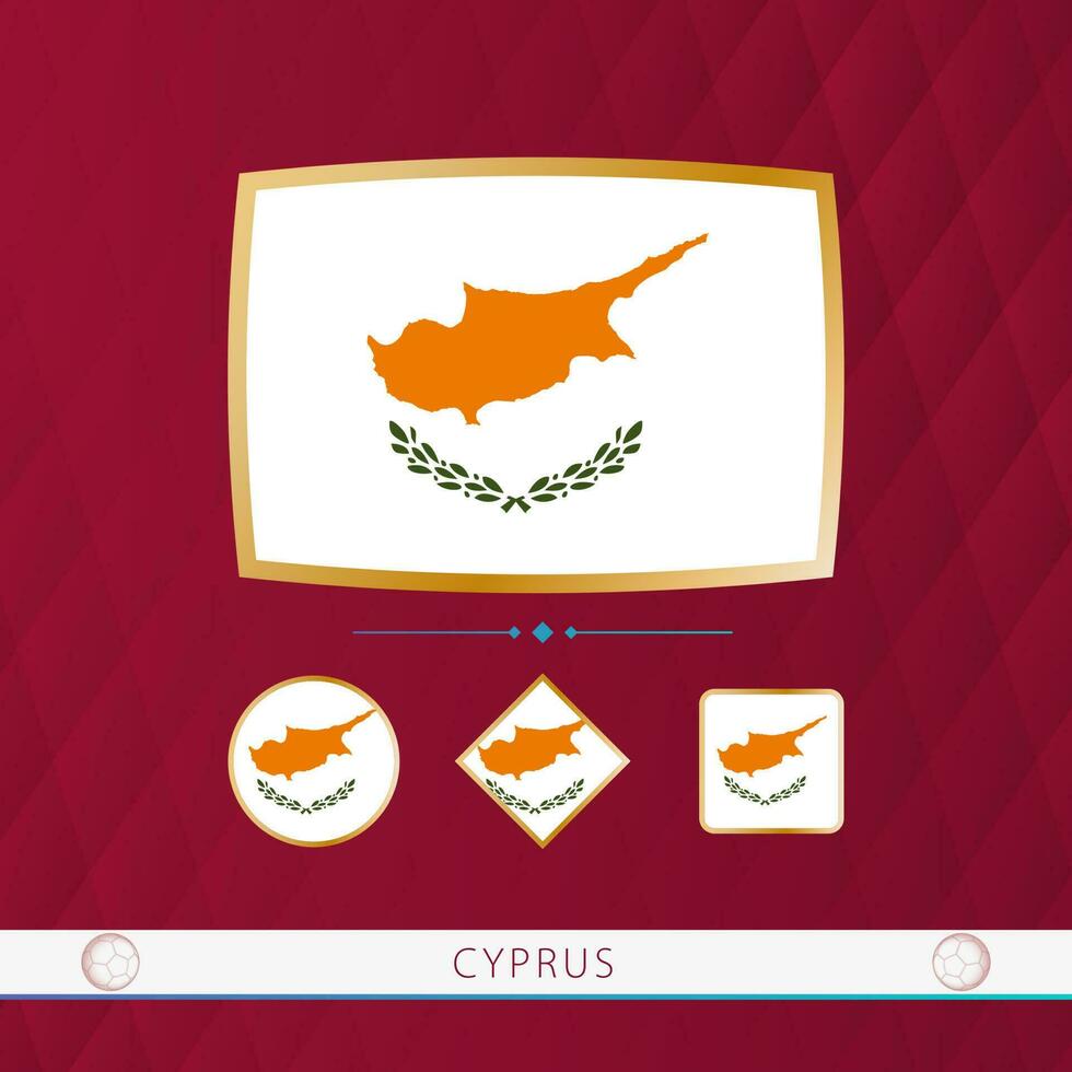 Set of Cyprus flags with gold frame for use at sporting events on a burgundy abstract background. vector