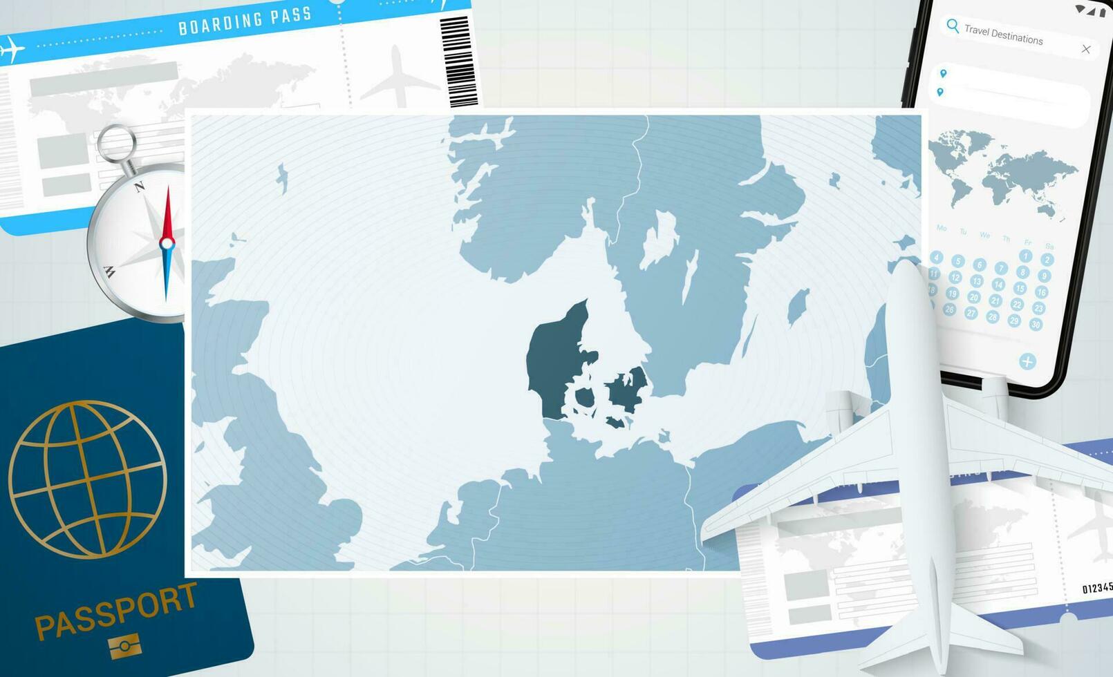 Journey to Denmark, illustration with a map of Denmark. Background with airplane, cell phone, passport, compass and tickets. vector