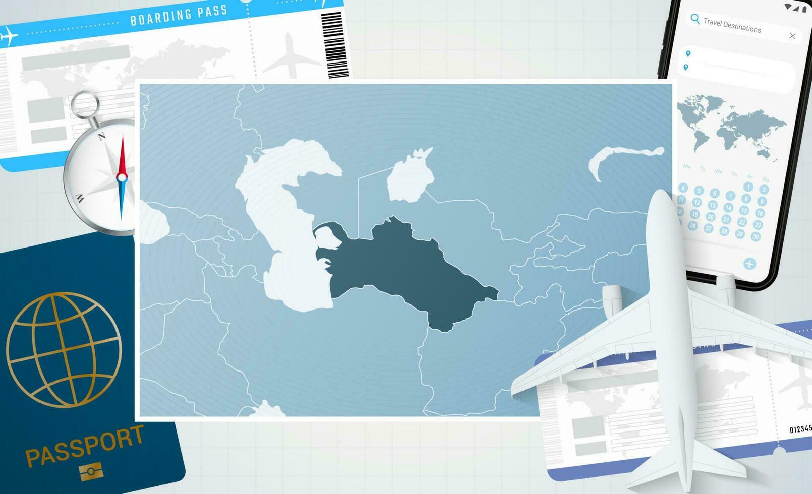 viaje a turkmenistán, ilustración con un mapa de turkmenistán antecedentes con avión, célula teléfono, pasaporte, Brújula y Entradas. vector