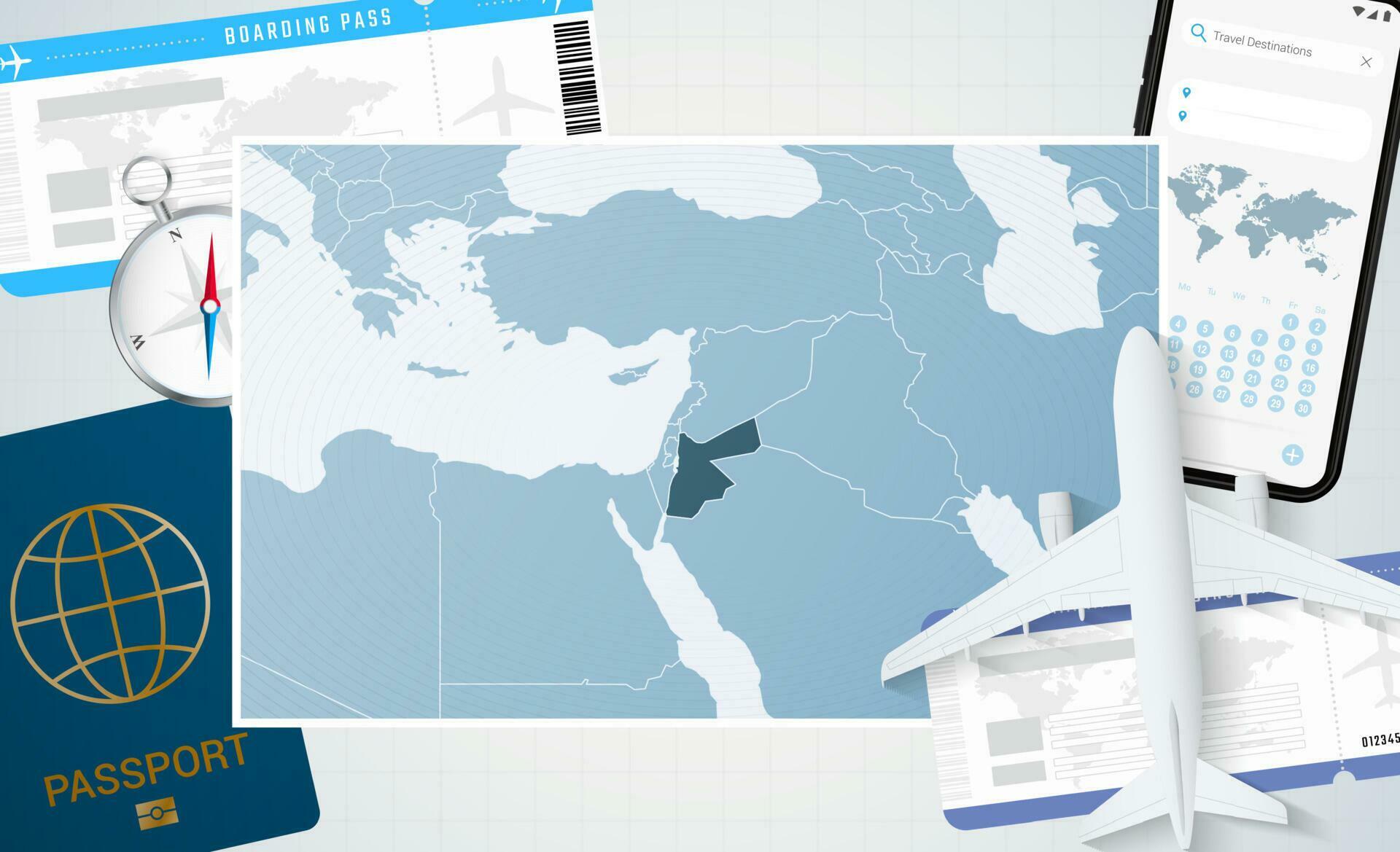 Journey to Jordan, illustration with a map of Jordan. Background with airplane, cell phone