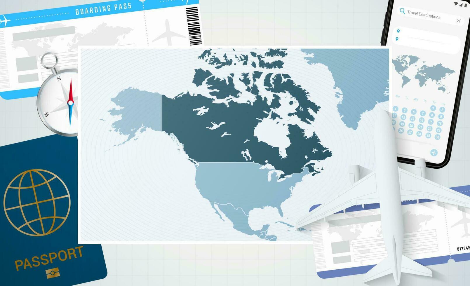 viaje a Canadá, ilustración con un mapa de Canadá. antecedentes con avión, célula teléfono, pasaporte, Brújula y Entradas. vector