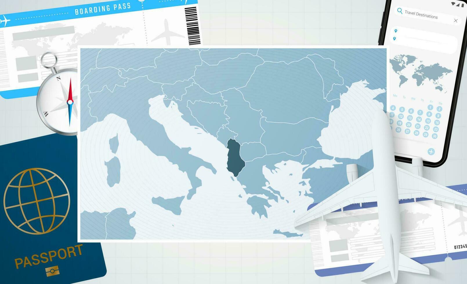 Journey to Albania, illustration with a map of Albania. Background with airplane, cell phone, passport, compass and tickets. vector