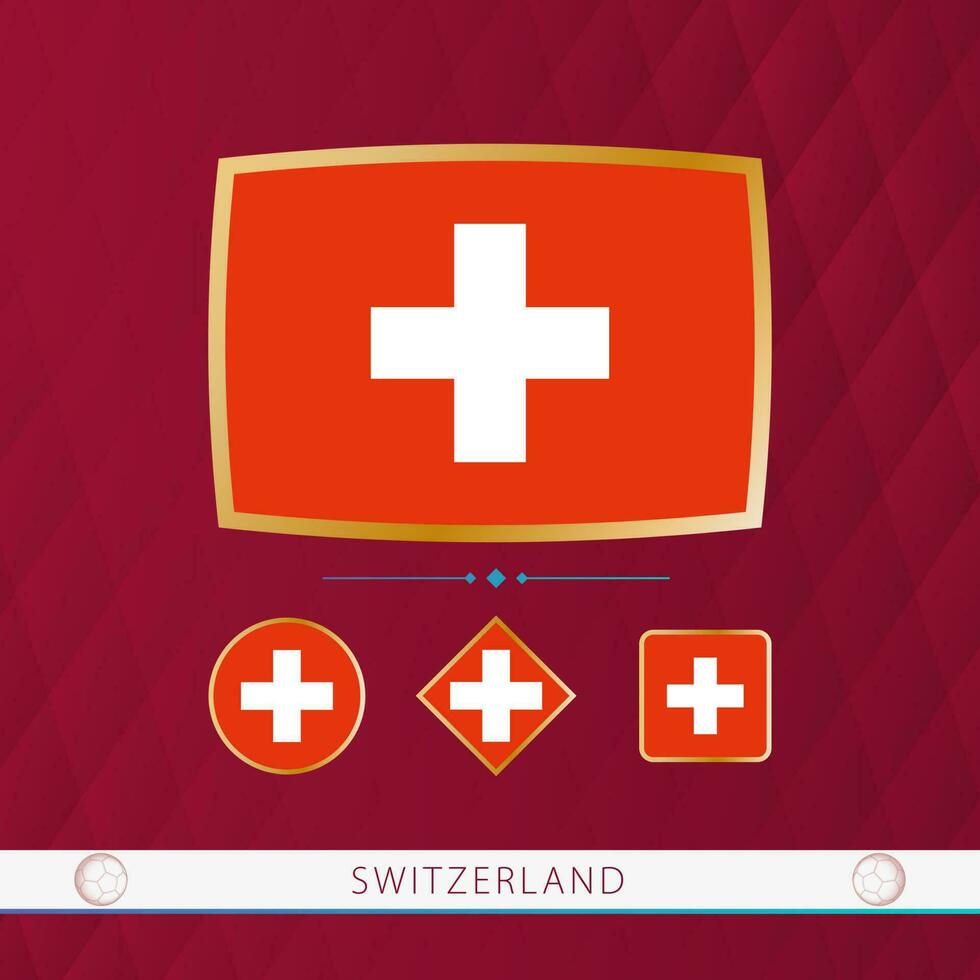 Set of Switzerland flags with gold frame for use at sporting events on a burgundy abstract background. vector
