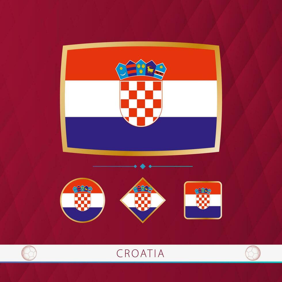 Set of Croatia flags with gold frame for use at sporting events on a burgundy abstract background. vector