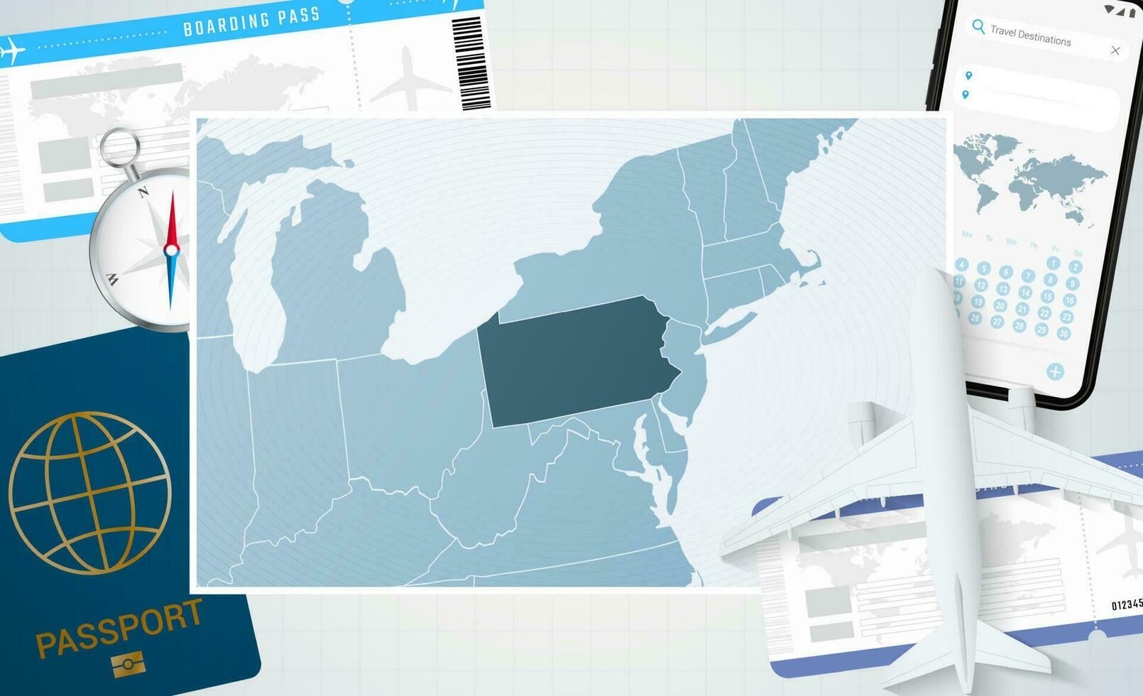 Journey to Pennsylvania, illustration with a map of Pennsylvania. Background with airplane, cell phone, passport, compass and tickets. vector