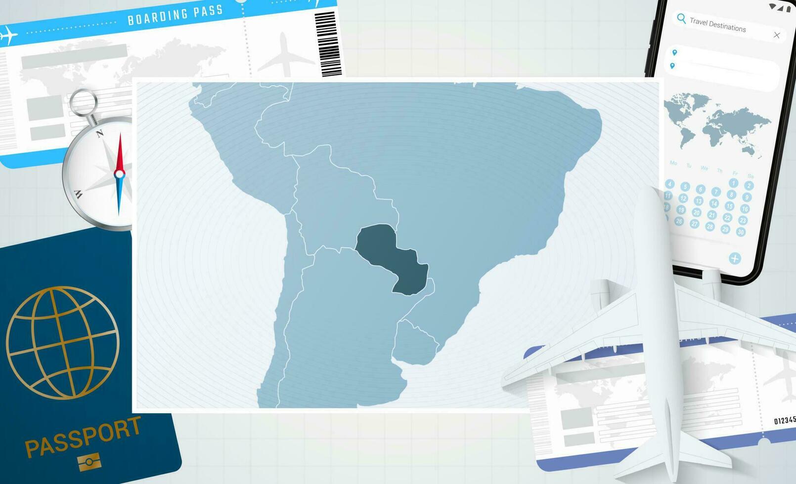 Journey to Paraguay, illustration with a map of Paraguay. Background with airplane, cell phone, passport, compass and tickets. vector