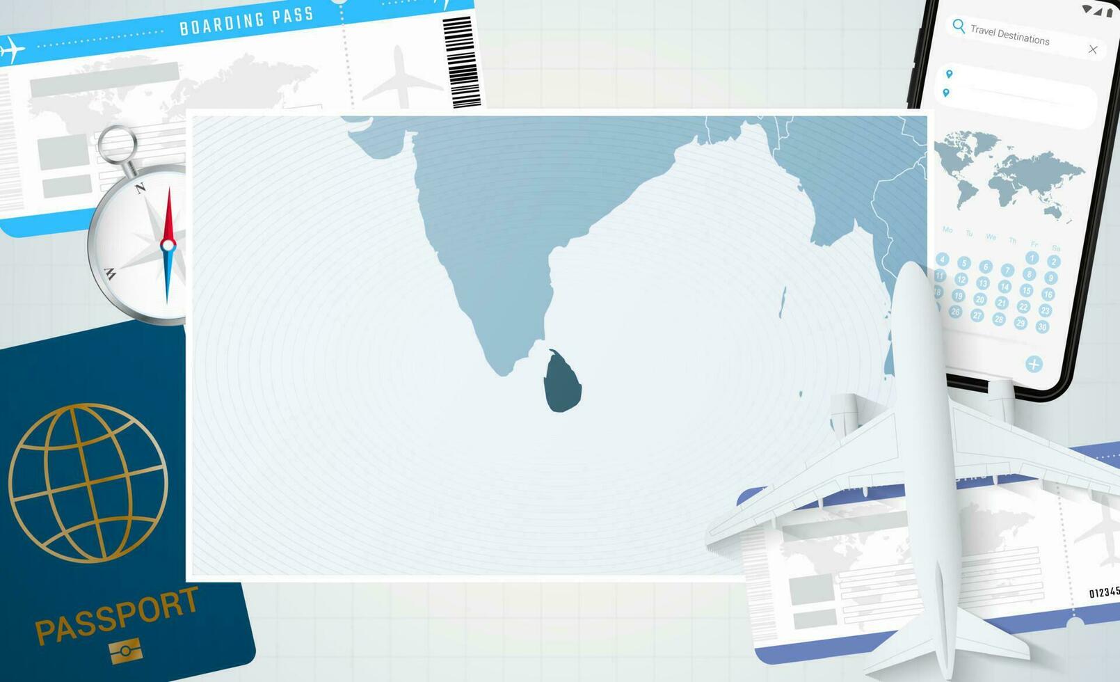 Journey to Sri Lanka, illustration with a map of Sri Lanka. Background with airplane, cell phone, passport, compass and tickets. vector