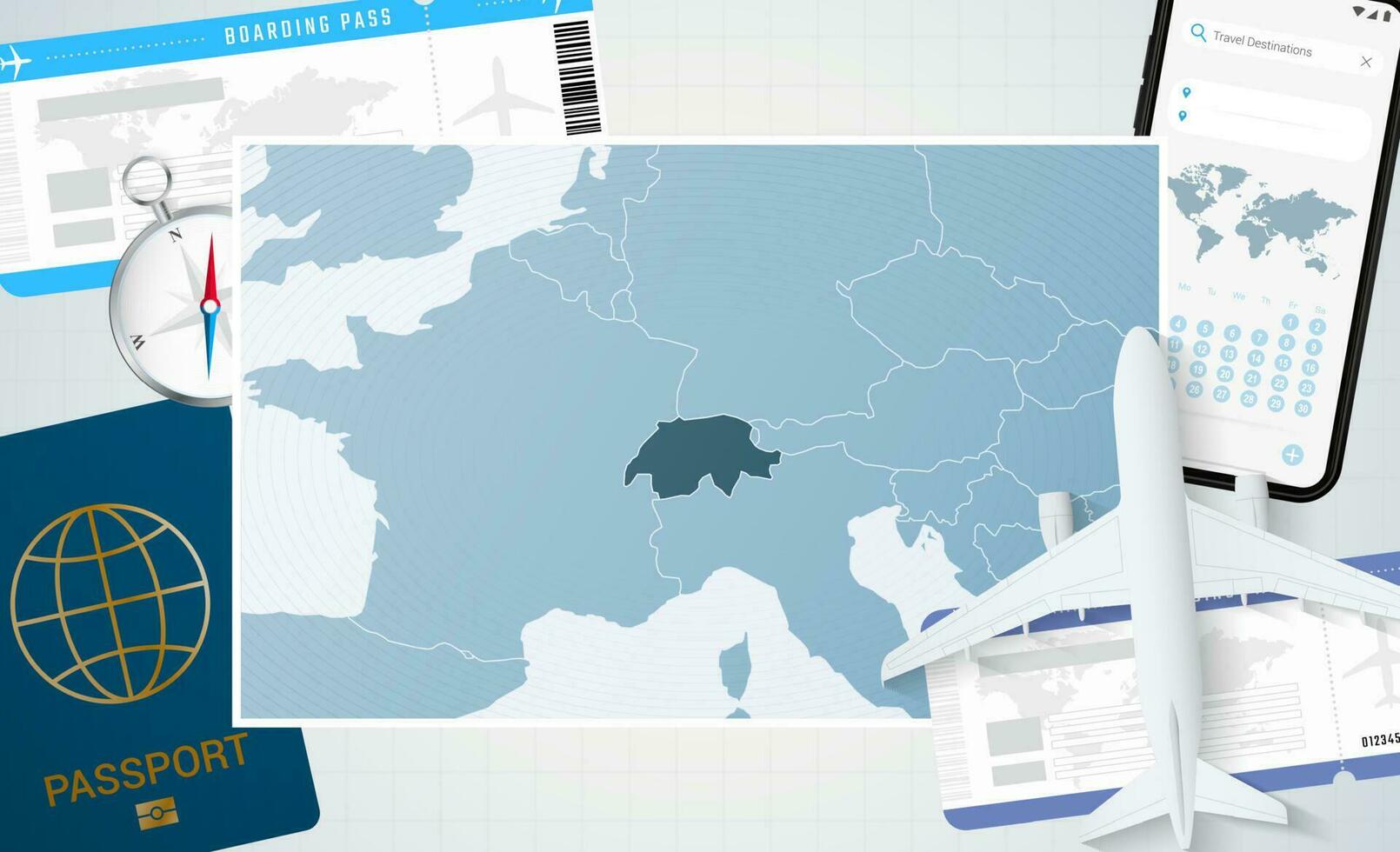 viaje a Suiza, ilustración con un mapa de Suiza. antecedentes con avión, célula teléfono, pasaporte, Brújula y Entradas. vector