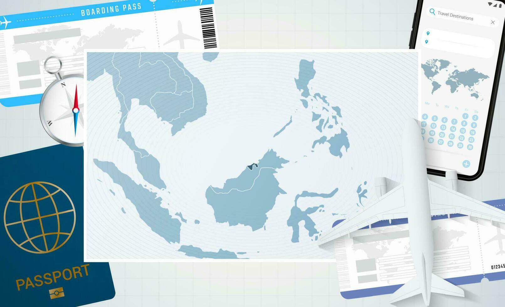 Journey to Brunei, illustration with a map of Brunei. Background with airplane, cell phone, passport, compass and tickets. vector