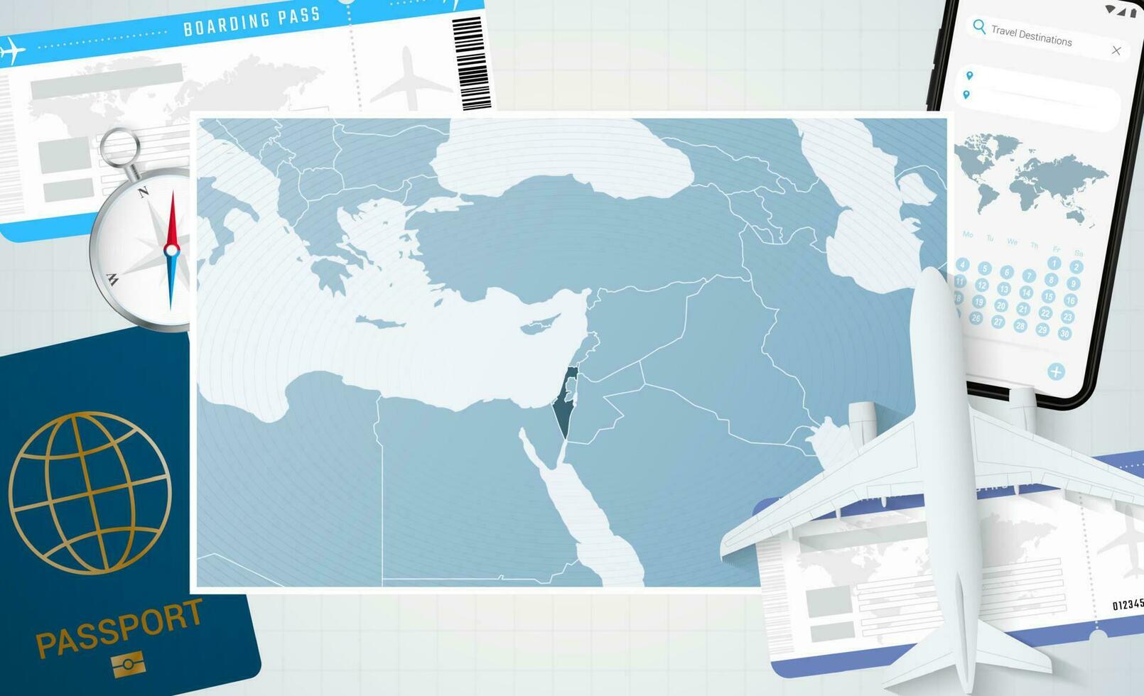 viaje a Israel, ilustración con un mapa de Israel. antecedentes con avión, célula teléfono, pasaporte, Brújula y Entradas. vector