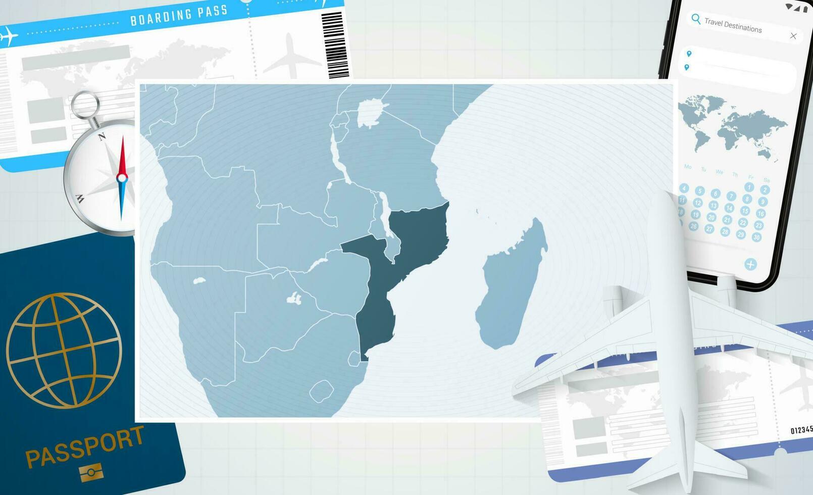 viaje a Mozambique, ilustración con un mapa de Mozambique. antecedentes con avión, célula teléfono, pasaporte, Brújula y Entradas. vector