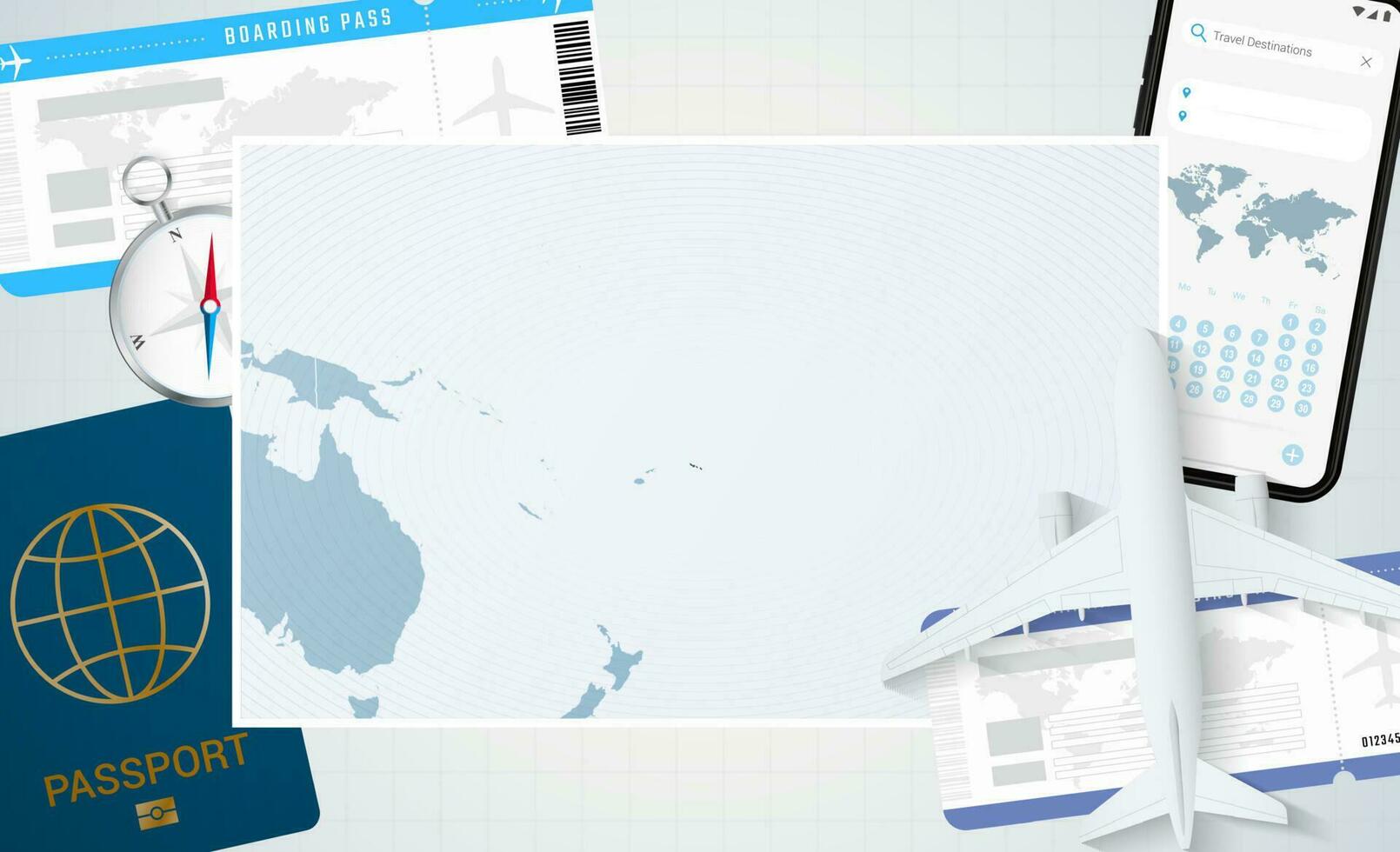 Journey to Samoa, illustration with a map of Samoa. Background with airplane, cell phone, passport, compass and tickets. vector