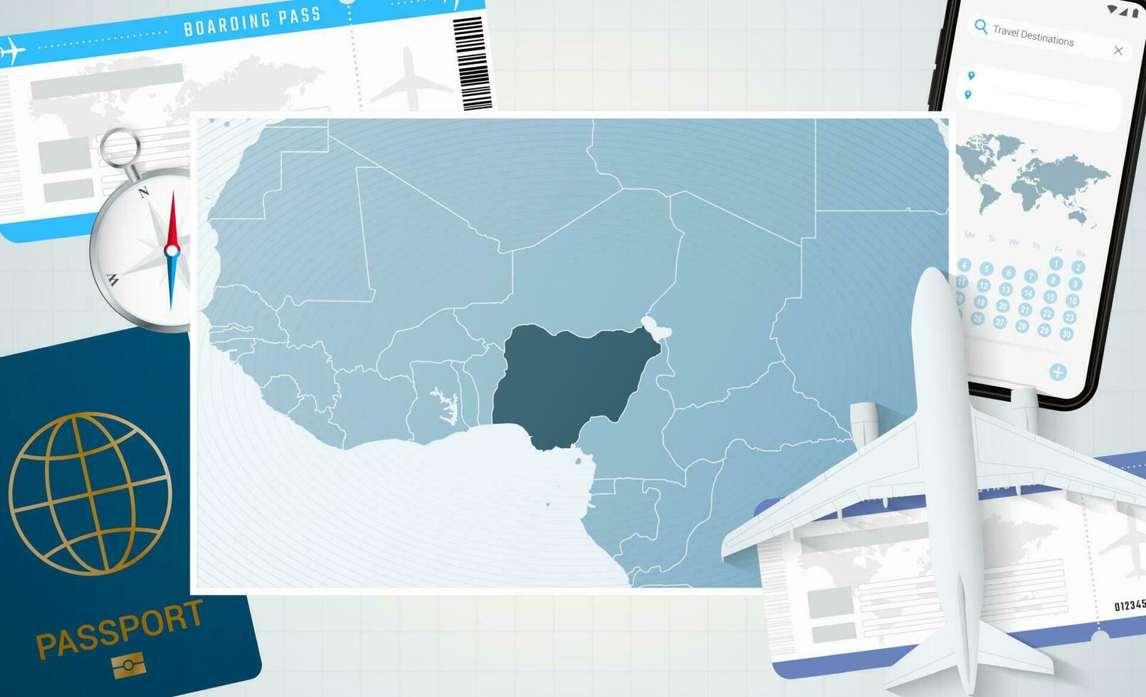 viaje a Nigeria, ilustración con un mapa de Nigeria. antecedentes con avión, célula teléfono, pasaporte, Brújula y Entradas. vector
