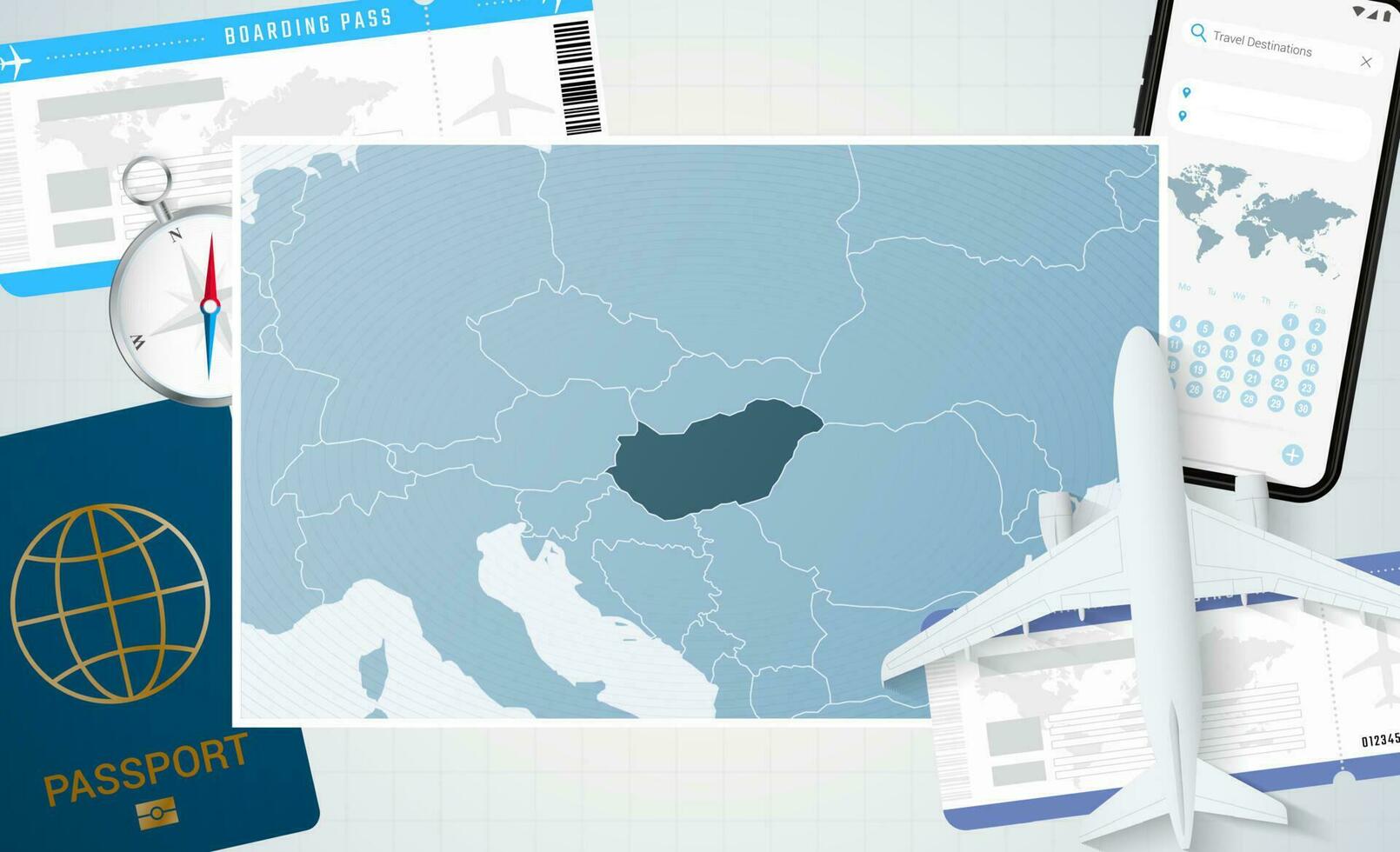 Journey to Hungary, illustration with a map of Hungary. Background with airplane, cell phone, passport, compass and tickets. vector